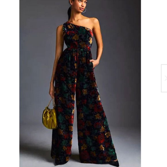 Anthropologie Hutch 0 NWT One Shoulder Floral Velvet Jumpsuit Wide Leg New